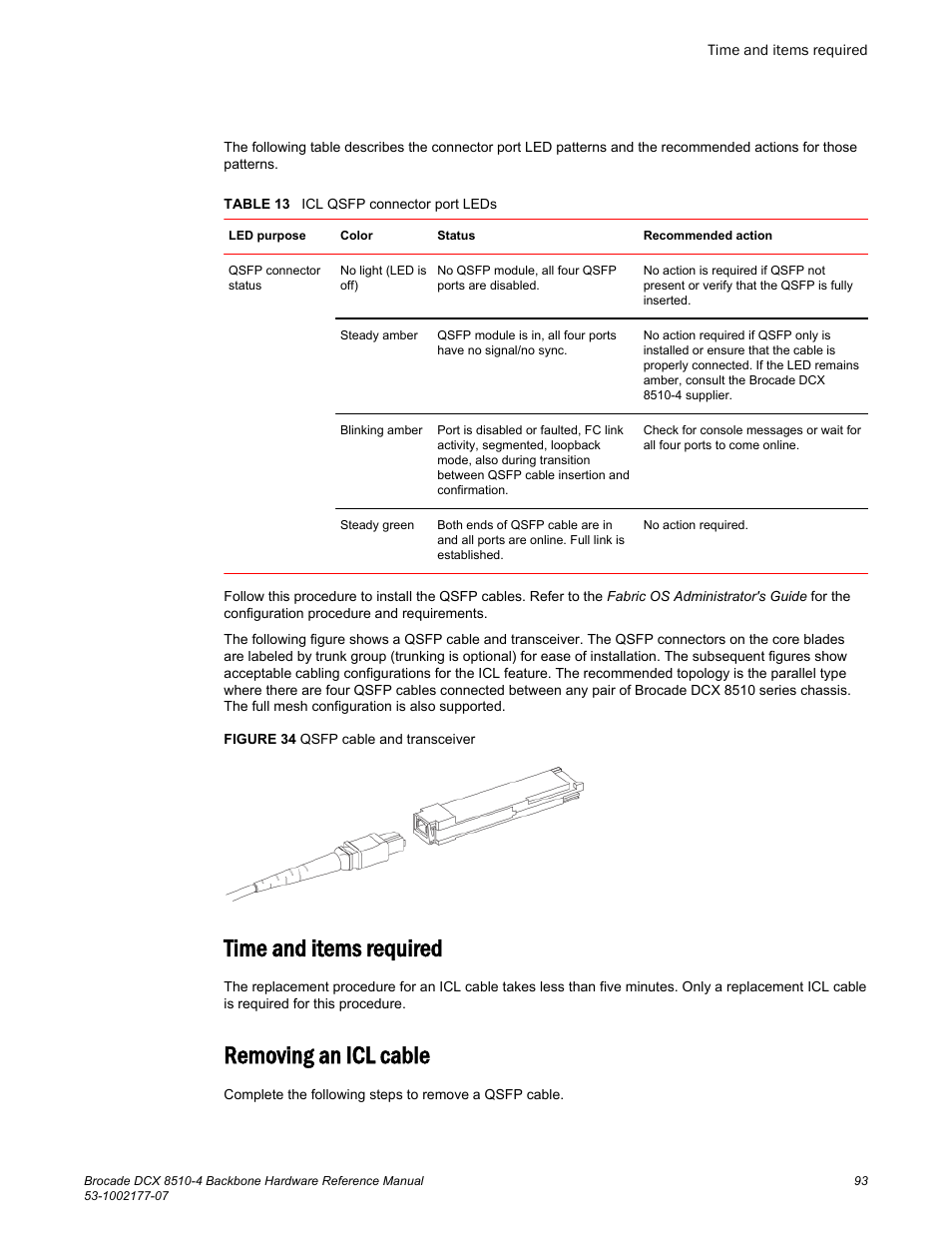 Time and items required, Removing an icl cable, Time and items required removing an icl cable | Brocade DCX 8510-4 Backbone Hardware Reference Manual User Manual | Page 93 / 156