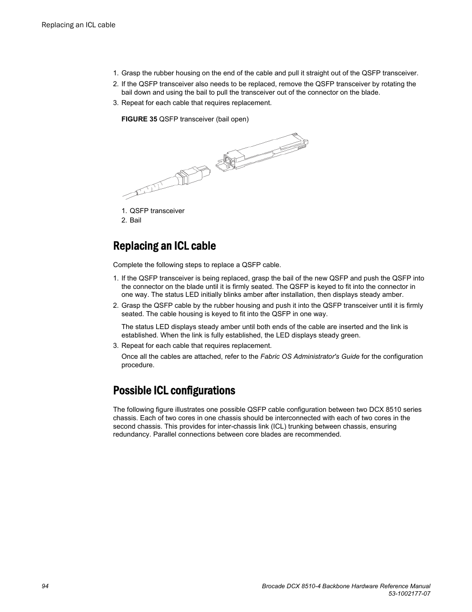 Replacing an icl cable, Possible icl configurations, Replacing an icl cable possible icl configurations | Brocade DCX 8510-4 Backbone Hardware Reference Manual User Manual | Page 94 / 156