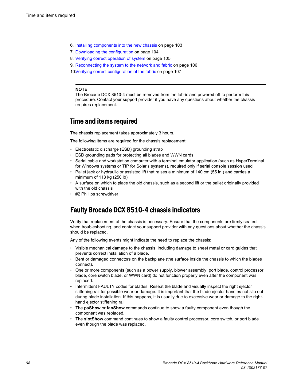 Time and items required, Faulty brocade dcx 8510-4 chassis indicators | Brocade DCX 8510-4 Backbone Hardware Reference Manual User Manual | Page 98 / 156