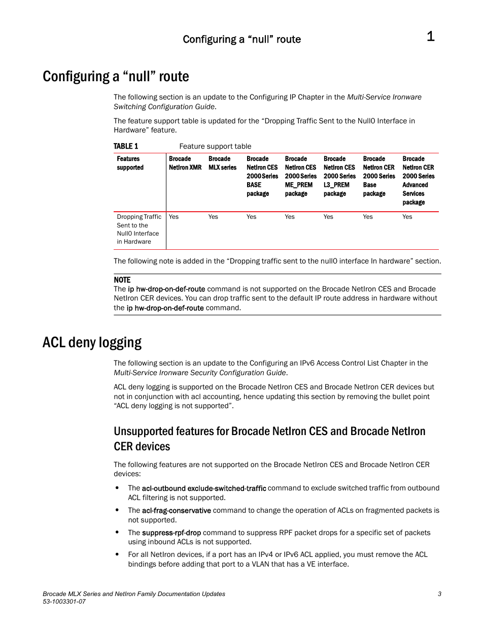 Configuring a “null” route, Acl deny logging | Brocade MLX Series and NetIron Family (Supporting Multi-Service IronWare R05.6.xx) User Manual | Page 11 / 62