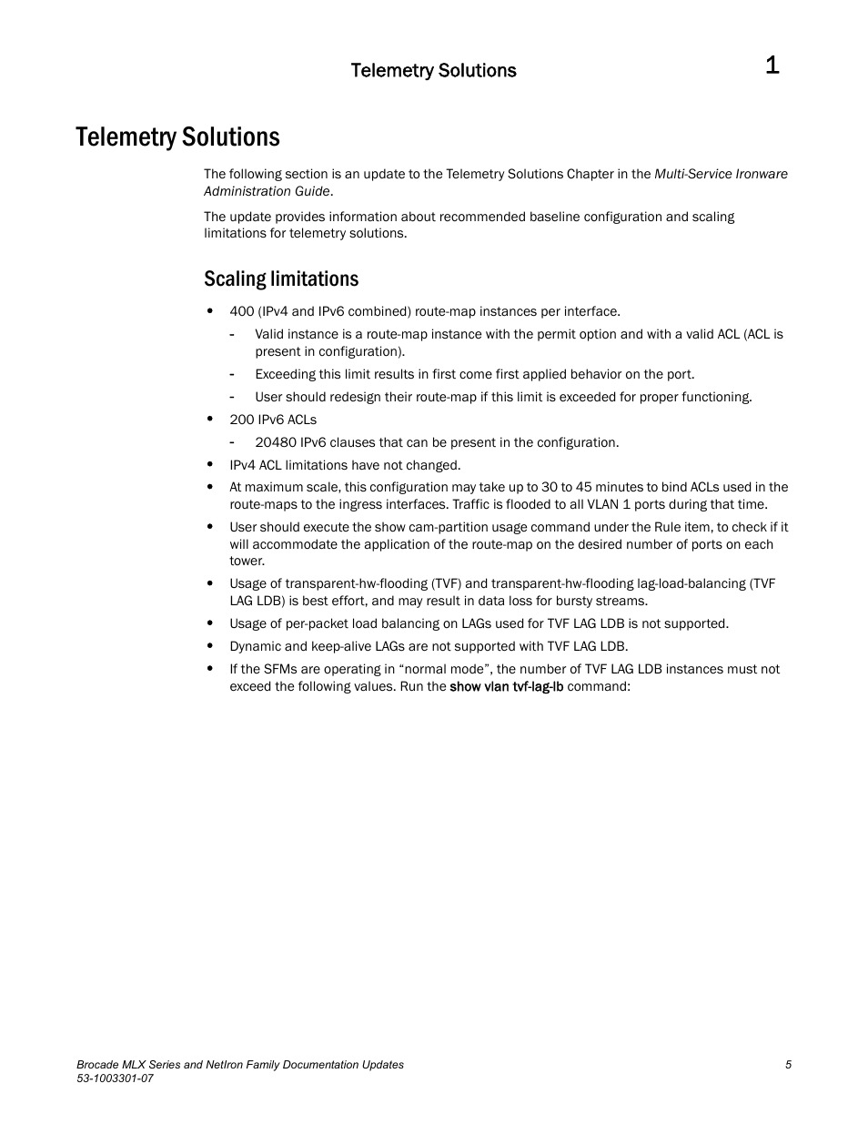Telemetry solutions, Scaling limitations | Brocade MLX Series and NetIron Family (Supporting Multi-Service IronWare R05.6.xx) User Manual | Page 13 / 62