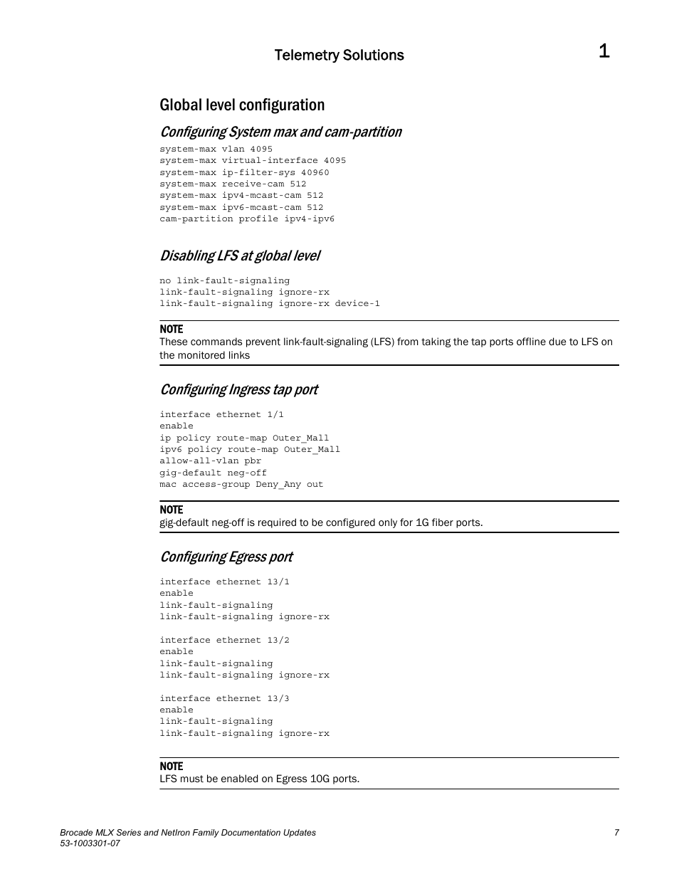 Global level configuration, Configuring system max and cam-partition, Disabling lfs at global level | Configuring ingress tap port, Configuring egress port, Telemetry solutions | Brocade MLX Series and NetIron Family (Supporting Multi-Service IronWare R05.6.xx) User Manual | Page 15 / 62