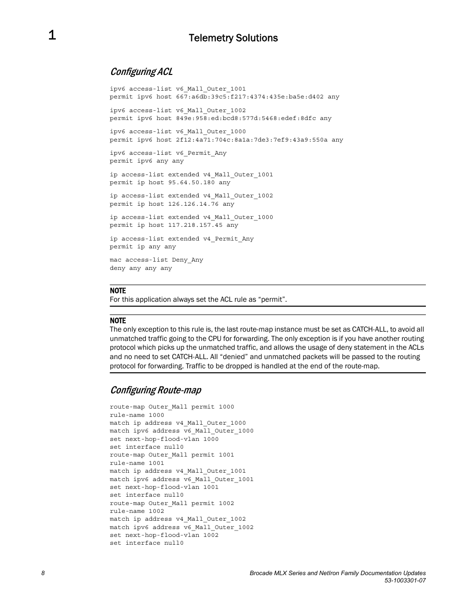 Configuring acl, Configuring route-map, Telemetry solutions | Brocade MLX Series and NetIron Family (Supporting Multi-Service IronWare R05.6.xx) User Manual | Page 16 / 62