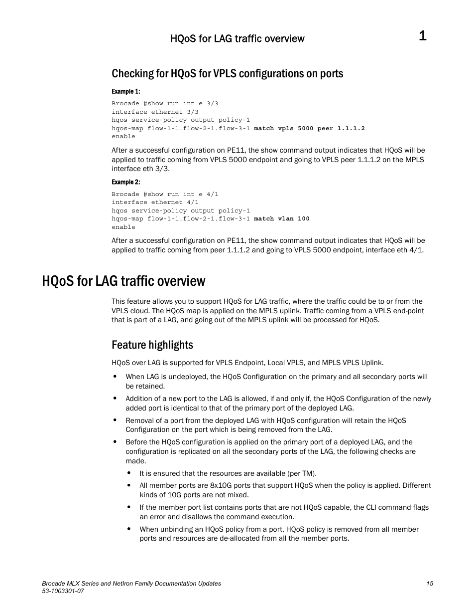 Checking for hqos for vpls configurations on ports, Hqos for lag traffic overview, Feature highlights | Brocade MLX Series and NetIron Family (Supporting Multi-Service IronWare R05.6.xx) User Manual | Page 23 / 62