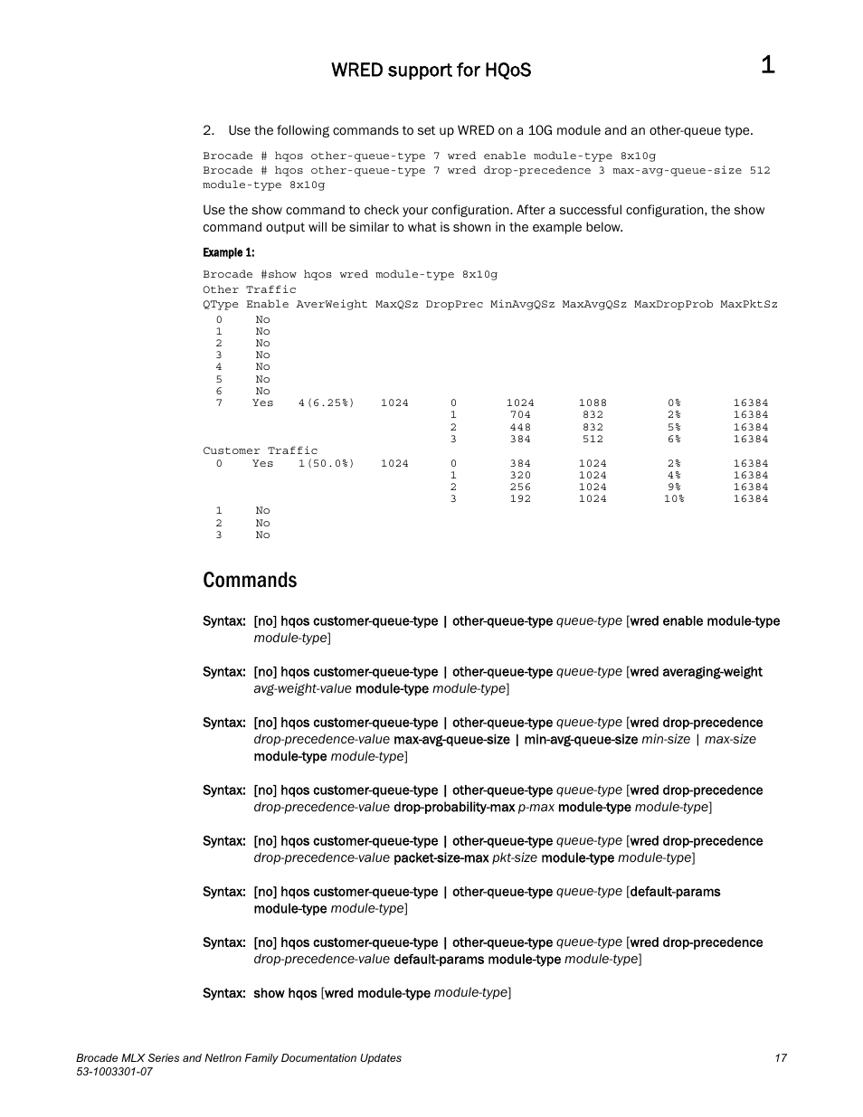 Commands, Wred support for hqos | Brocade MLX Series and NetIron Family (Supporting Multi-Service IronWare R05.6.xx) User Manual | Page 25 / 62