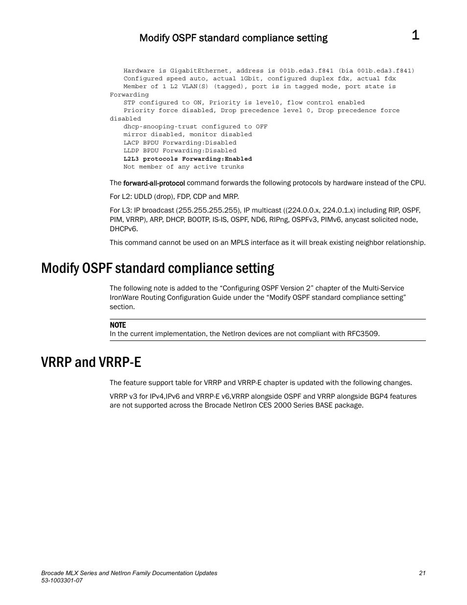 Modify ospf standard compliance setting, Vrrp and vrrp-e | Brocade MLX Series and NetIron Family (Supporting Multi-Service IronWare R05.6.xx) User Manual | Page 29 / 62