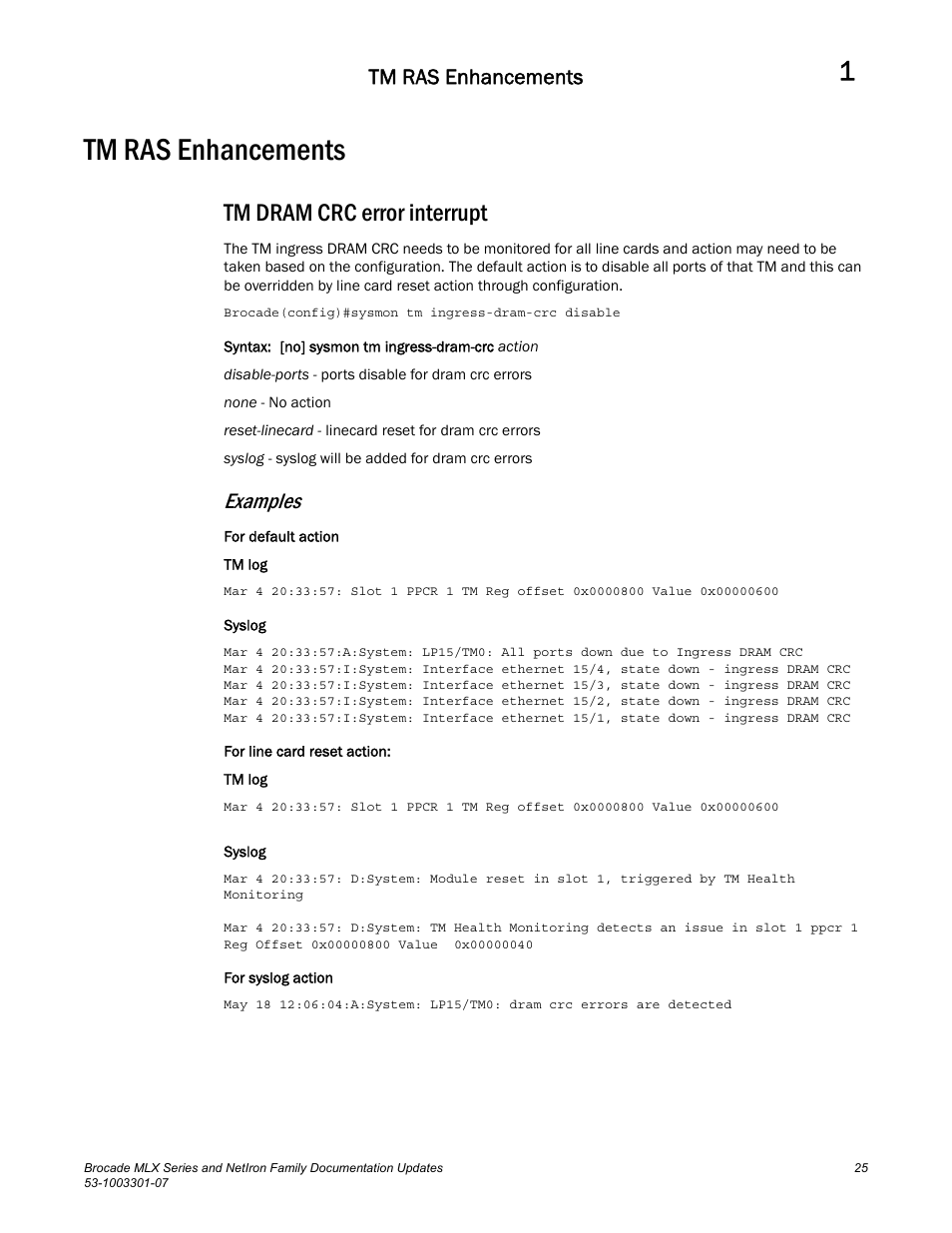 Tm ras enhancements, Tm dram crc error interrupt, Examples | Brocade MLX Series and NetIron Family (Supporting Multi-Service IronWare R05.6.xx) User Manual | Page 33 / 62