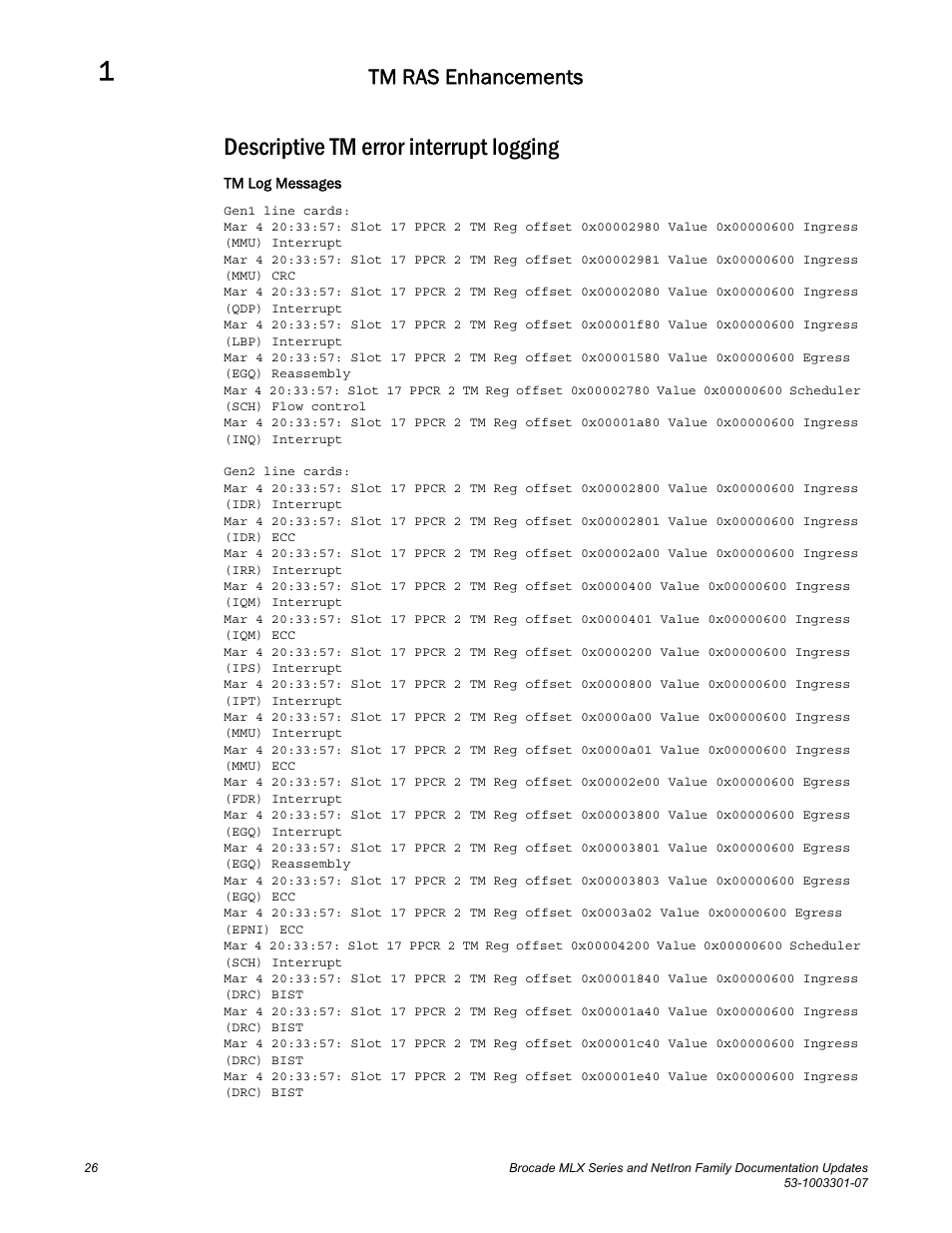 Descriptive tm error interrupt logging, Tm ras enhancements | Brocade MLX Series and NetIron Family (Supporting Multi-Service IronWare R05.6.xx) User Manual | Page 34 / 62