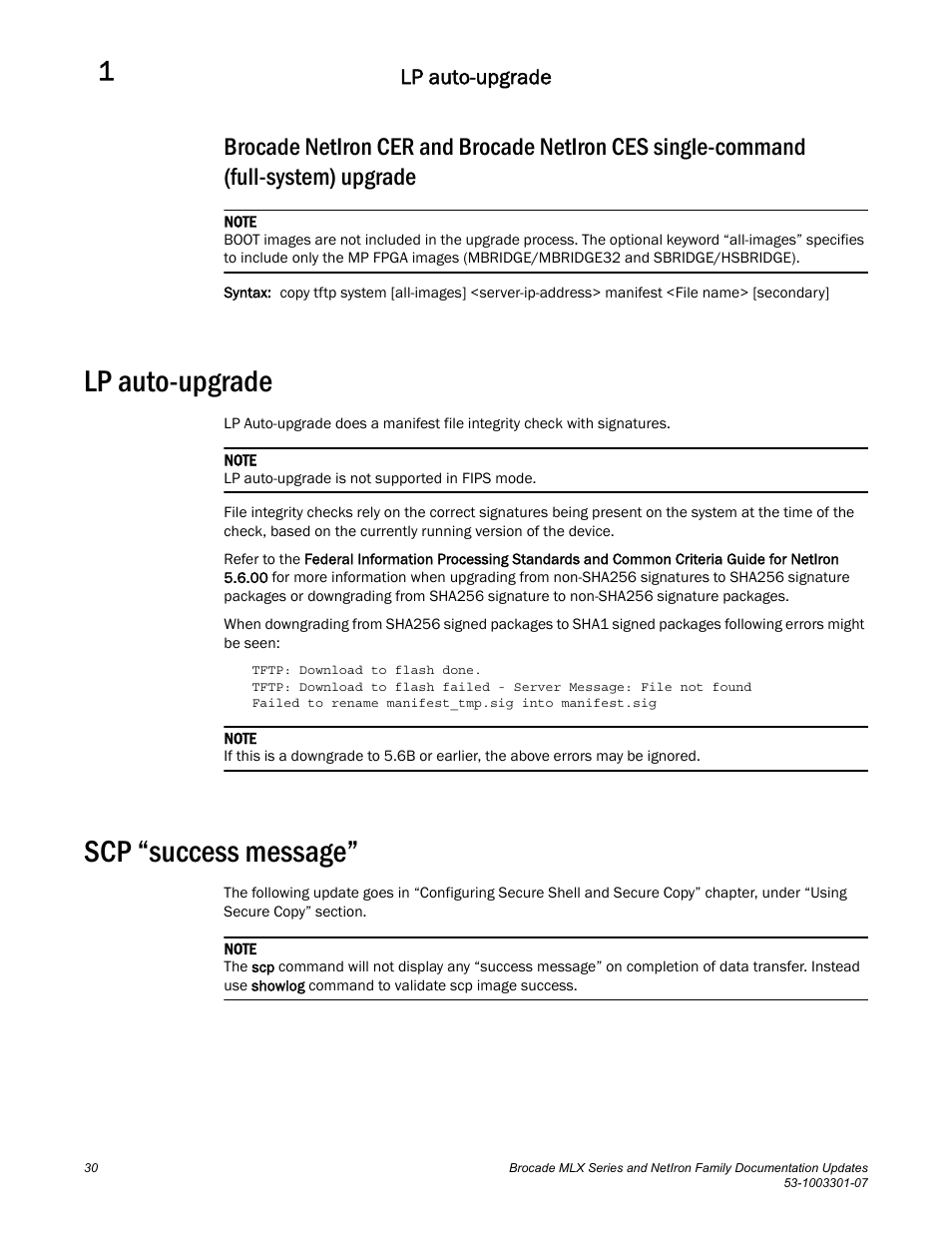Lp auto-upgrade, Scp “success message | Brocade MLX Series and NetIron Family (Supporting Multi-Service IronWare R05.6.xx) User Manual | Page 38 / 62