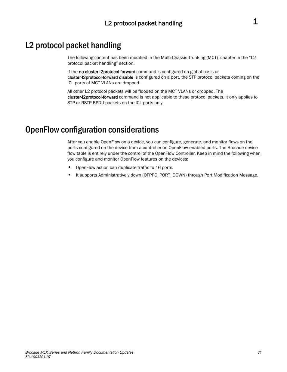 L2 protocol packet handling, Openflow configuration considerations | Brocade MLX Series and NetIron Family (Supporting Multi-Service IronWare R05.6.xx) User Manual | Page 39 / 62