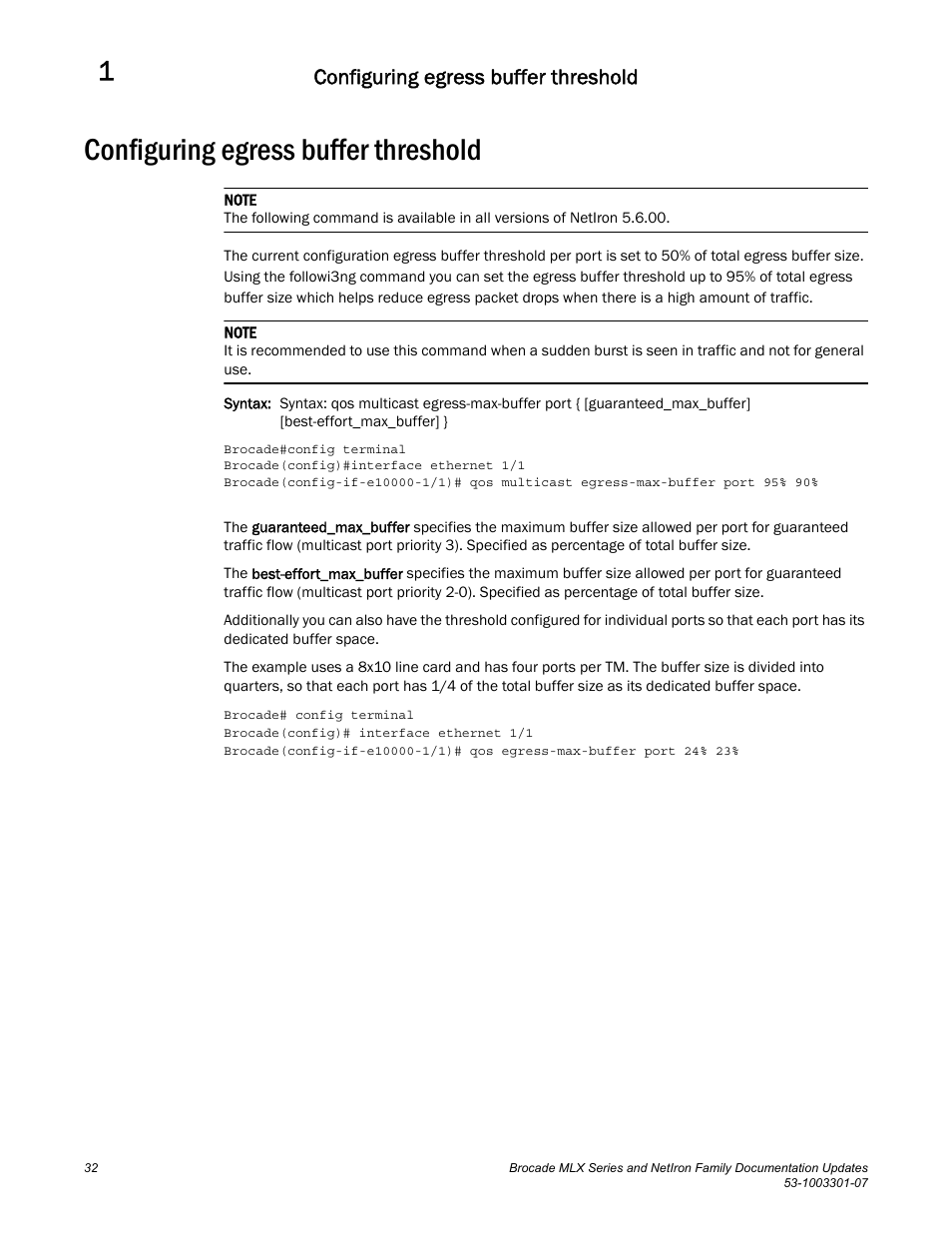 Configuring egress buffer threshold | Brocade MLX Series and NetIron Family (Supporting Multi-Service IronWare R05.6.xx) User Manual | Page 40 / 62