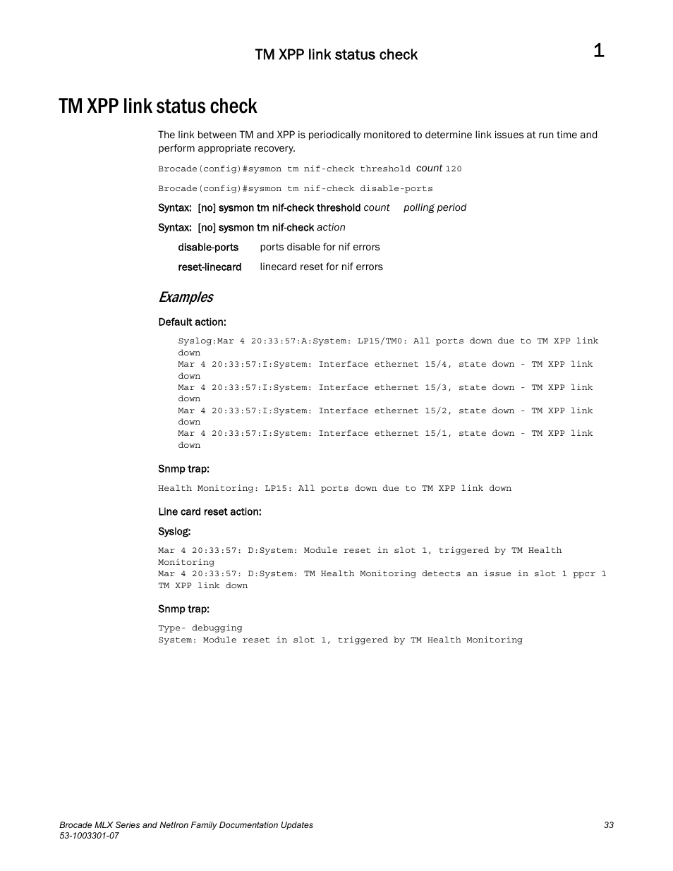 Tm xpp link status check, Examples | Brocade MLX Series and NetIron Family (Supporting Multi-Service IronWare R05.6.xx) User Manual | Page 41 / 62