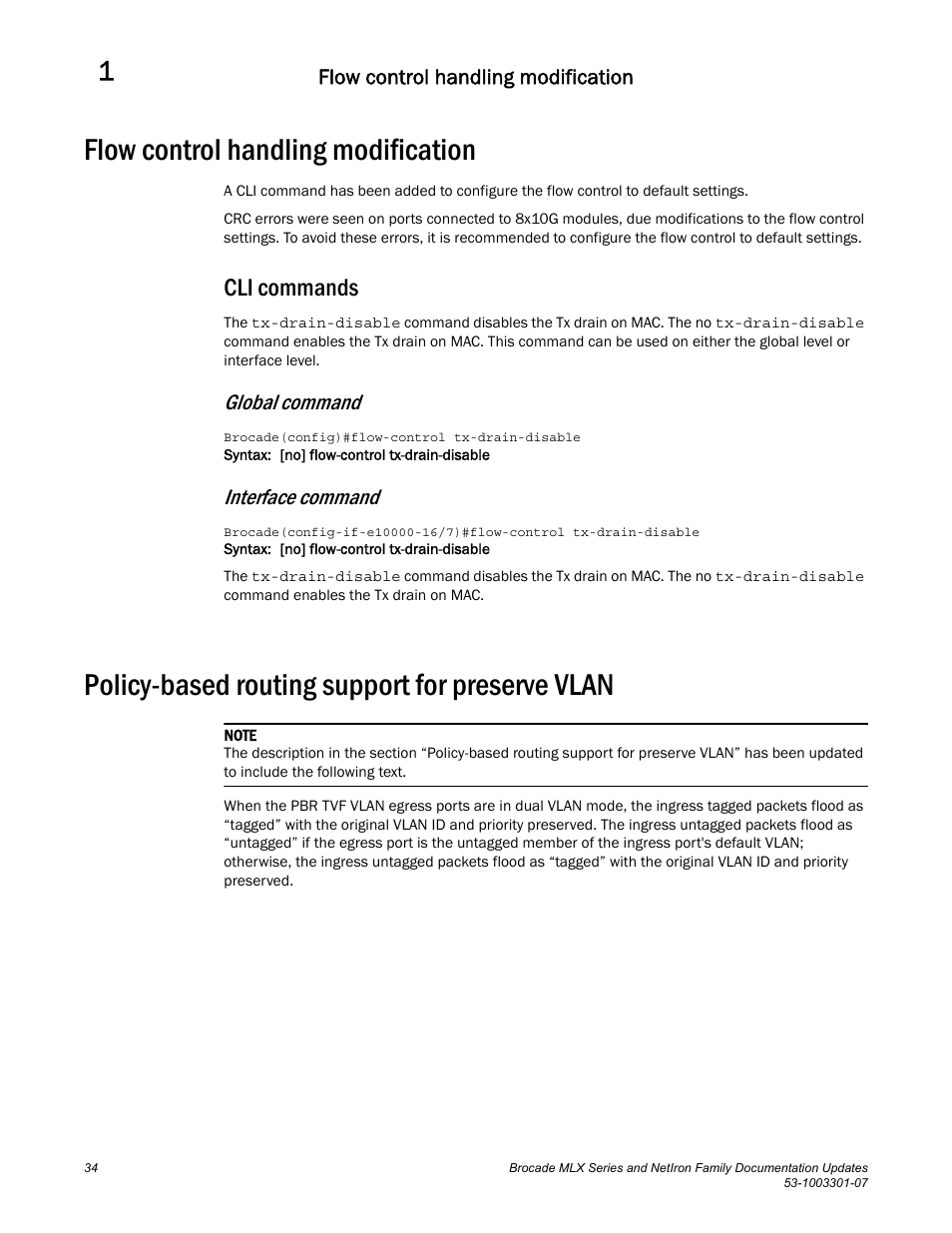 Flow control handling modification, Cli commands, Global command | Interface command, Policy-based routing support for preserve vlan | Brocade MLX Series and NetIron Family (Supporting Multi-Service IronWare R05.6.xx) User Manual | Page 42 / 62