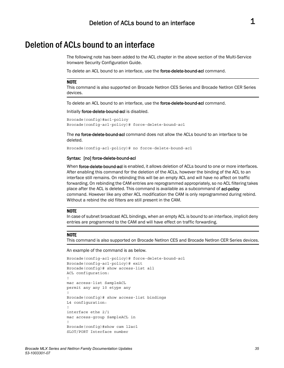 Deletion of acls bound to an interface | Brocade MLX Series and NetIron Family (Supporting Multi-Service IronWare R05.6.xx) User Manual | Page 43 / 62