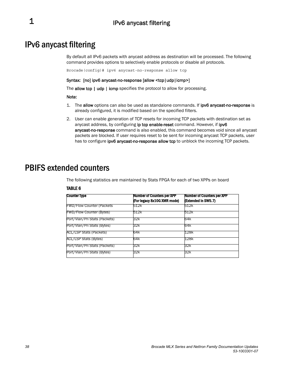 Ipv6 anycast filtering, Pbifs extended counters | Brocade MLX Series and NetIron Family (Supporting Multi-Service IronWare R05.6.xx) User Manual | Page 46 / 62