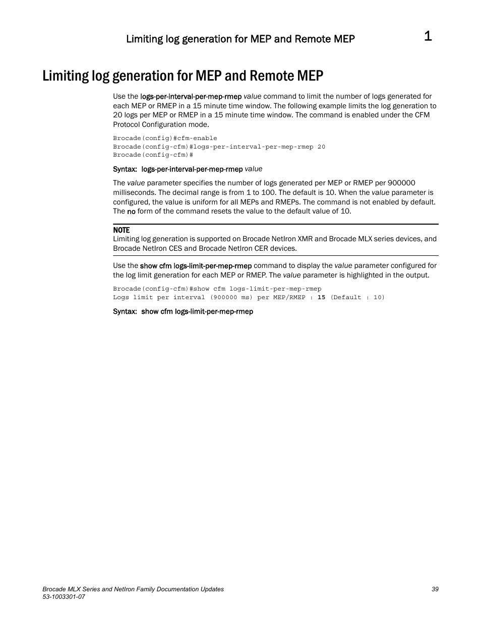 Limiting log generation for mep and remote mep | Brocade MLX Series and NetIron Family (Supporting Multi-Service IronWare R05.6.xx) User Manual | Page 47 / 62