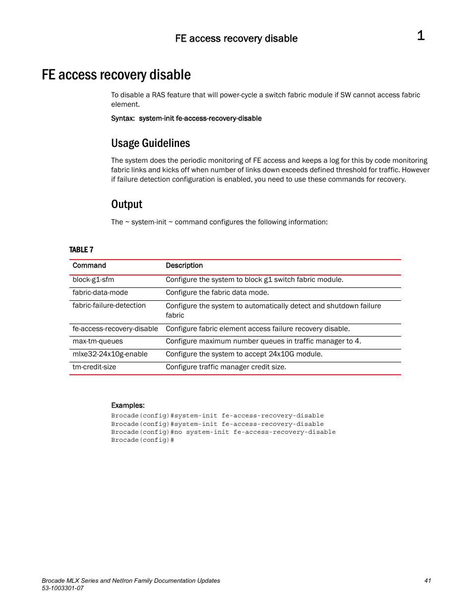 Fe access recovery disable, Usage guidelines, Output | Brocade MLX Series and NetIron Family (Supporting Multi-Service IronWare R05.6.xx) User Manual | Page 49 / 62