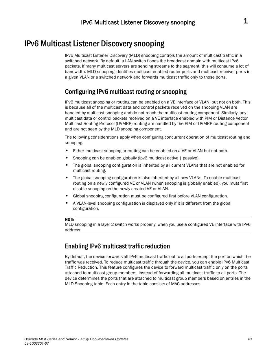 Ipv6 multicast listener discovery snooping, Configuring ipv6 multicast routing or snooping, Enabling ipv6 multicast traffic reduction | Brocade MLX Series and NetIron Family (Supporting Multi-Service IronWare R05.6.xx) User Manual | Page 51 / 62