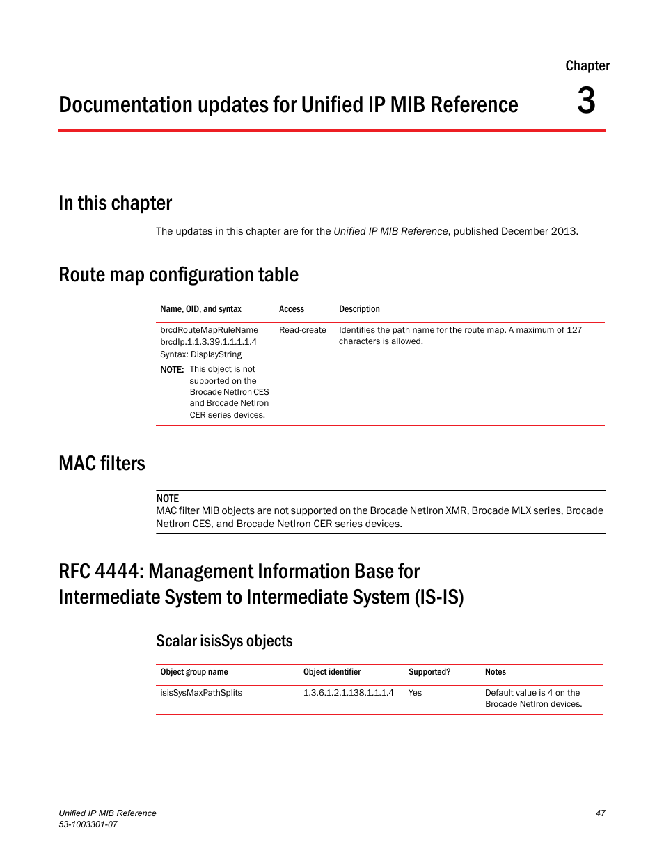 Documentation updates for unified ip mib reference, In this chapter, Route map configuration table | Mac filters, Scalar isissys objects, Isissysmaxpathsplits, Chapter 3, Route map configuration table mac filters | Brocade MLX Series and NetIron Family (Supporting Multi-Service IronWare R05.6.xx) User Manual | Page 55 / 62