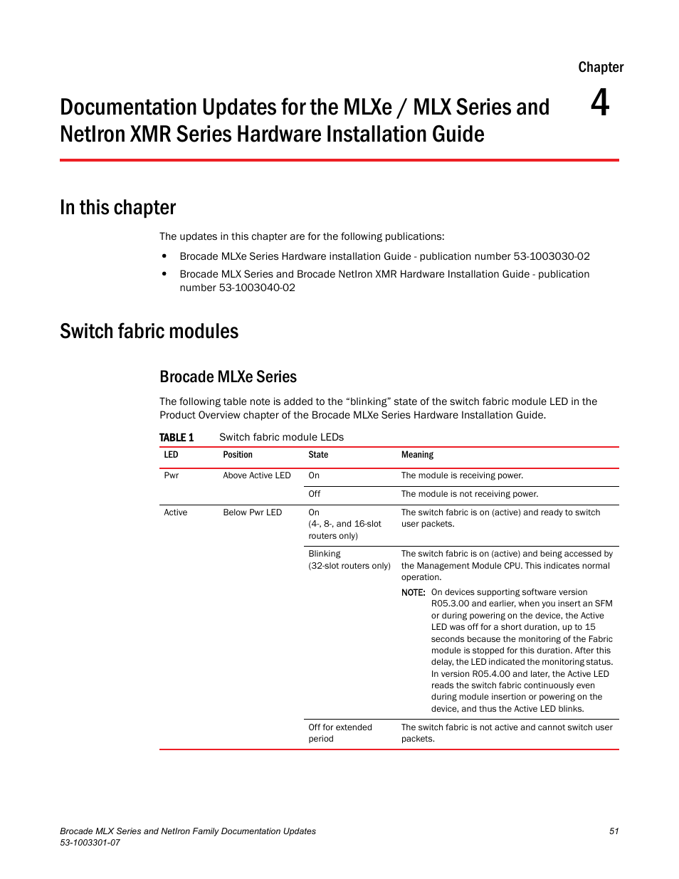 In this chapter, Switch fabric modules, Brocade mlxe series | Chapter 4, Series hardware installation guide, Chapter | Brocade MLX Series and NetIron Family (Supporting Multi-Service IronWare R05.6.xx) User Manual | Page 59 / 62