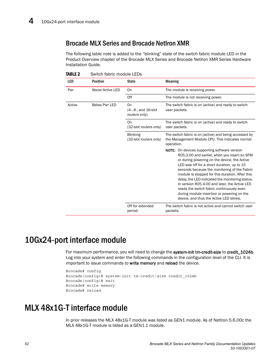 Brocade mlx series and brocade netiron xmr, 10gx24-port interface module, Mlx 48x1g-t interface module | Brocade MLX Series and NetIron Family (Supporting Multi-Service IronWare R05.6.xx) User Manual | Page 60 / 62