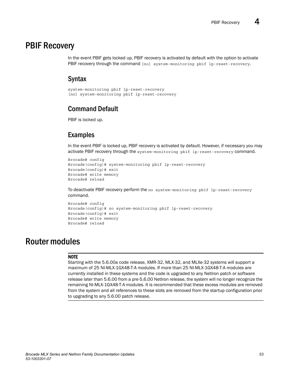 Pbif recovery, Syntax, Command default | Examples, Router modules | Brocade MLX Series and NetIron Family (Supporting Multi-Service IronWare R05.6.xx) User Manual | Page 61 / 62