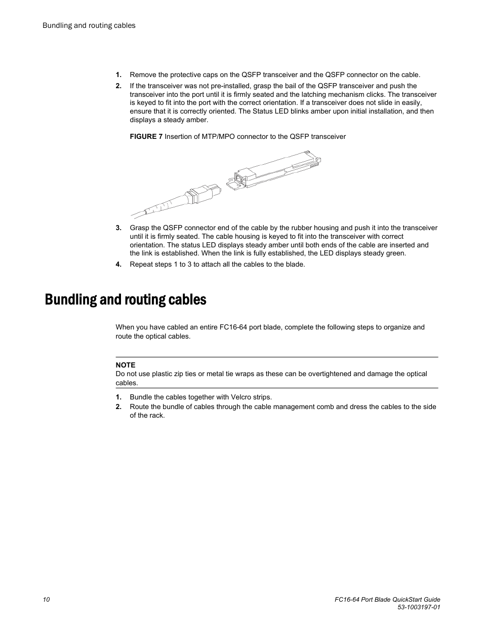 Bundling and routing cables | Brocade FC16-64 Port Blade QuickStart Guide (Supporting DCX 8510-4 and DCX 8510-8 with Fabric OS 7.3.0 and above) User Manual | Page 12 / 18