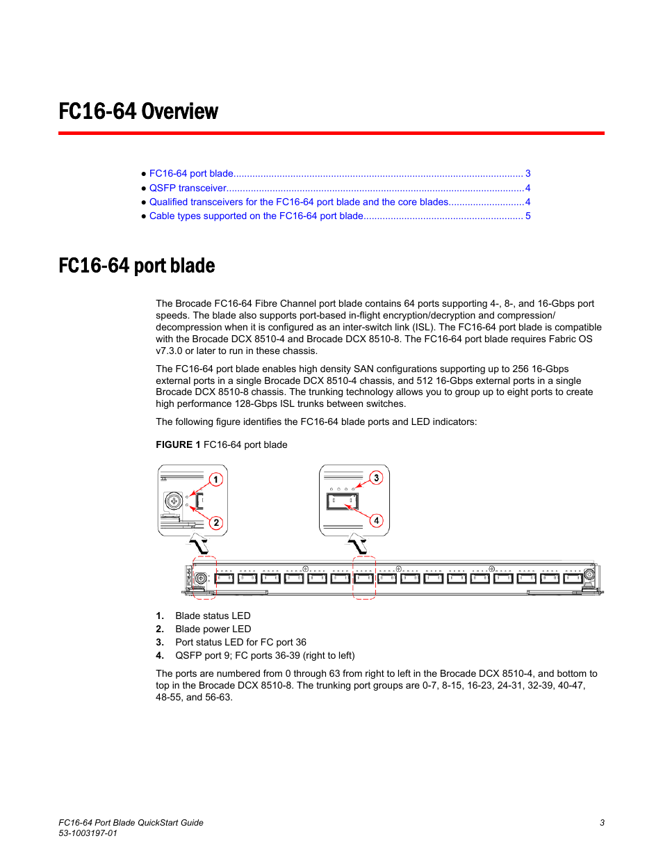 Fc16-64 overview, Fc16-64 port blade | Brocade FC16-64 Port Blade QuickStart Guide (Supporting DCX 8510-4 and DCX 8510-8 with Fabric OS 7.3.0 and above) User Manual | Page 5 / 18