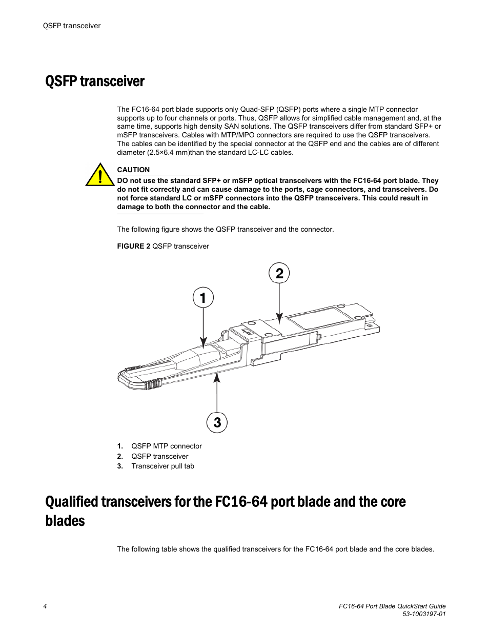 Qsfp transceiver | Brocade FC16-64 Port Blade QuickStart Guide (Supporting DCX 8510-4 and DCX 8510-8 with Fabric OS 7.3.0 and above) User Manual | Page 6 / 18