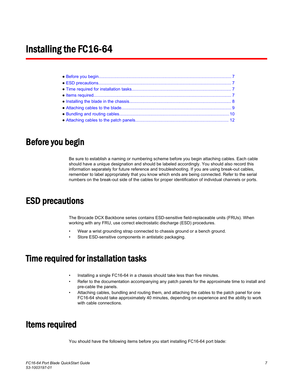 Installing the fc16-64, Before you begin, Esd precautions | Time required for installation tasks, Items required | Brocade FC16-64 Port Blade QuickStart Guide (Supporting DCX 8510-4 and DCX 8510-8 with Fabric OS 7.3.0 and above) User Manual | Page 9 / 18