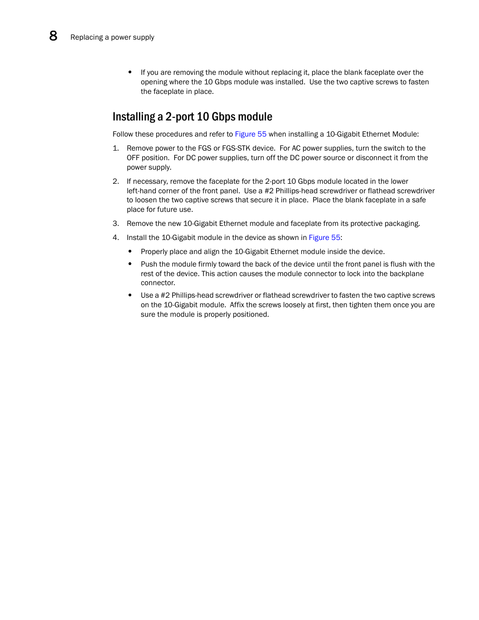 Installing a 2-port 10 gbps module, Installing a 2-port 10 gbps, Module | Brocade FastIron GS and GS-STK Hardware Installation Guide User Manual | Page 100 / 126
