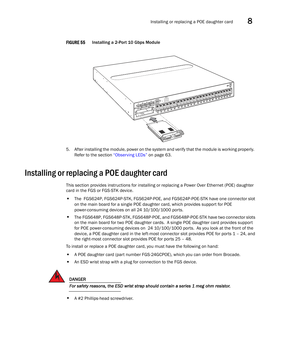 Installing or replacing a poe daughter card, Figure 55, N in | Brocade FastIron GS and GS-STK Hardware Installation Guide User Manual | Page 101 / 126