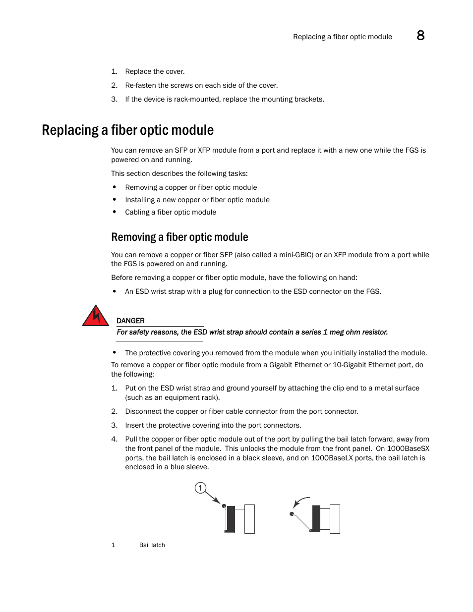Replacing a fiber optic module, Removing a fiber optic module | Brocade FastIron GS and GS-STK Hardware Installation Guide User Manual | Page 105 / 126