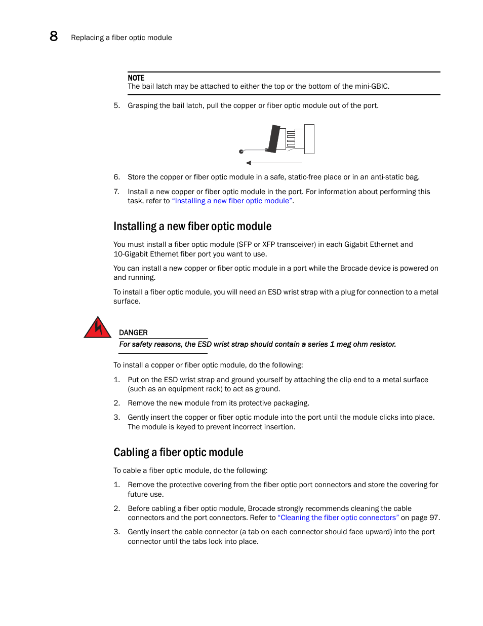 Installing a new fiber optic module, Cabling a fiber optic module | Brocade FastIron GS and GS-STK Hardware Installation Guide User Manual | Page 106 / 126