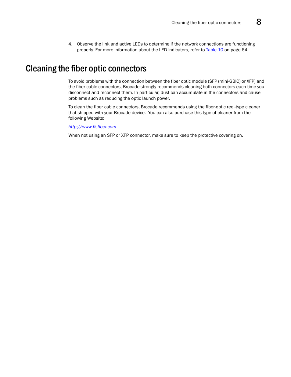 Cleaning the fiber optic connectors | Brocade FastIron GS and GS-STK Hardware Installation Guide User Manual | Page 107 / 126