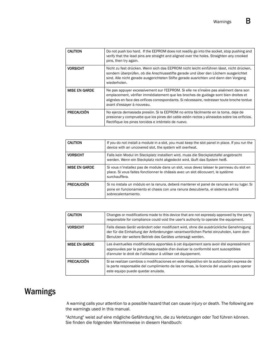 Warnings, Draft: brocade confidential | Brocade FastIron GS and GS-STK Hardware Installation Guide User Manual | Page 121 / 126