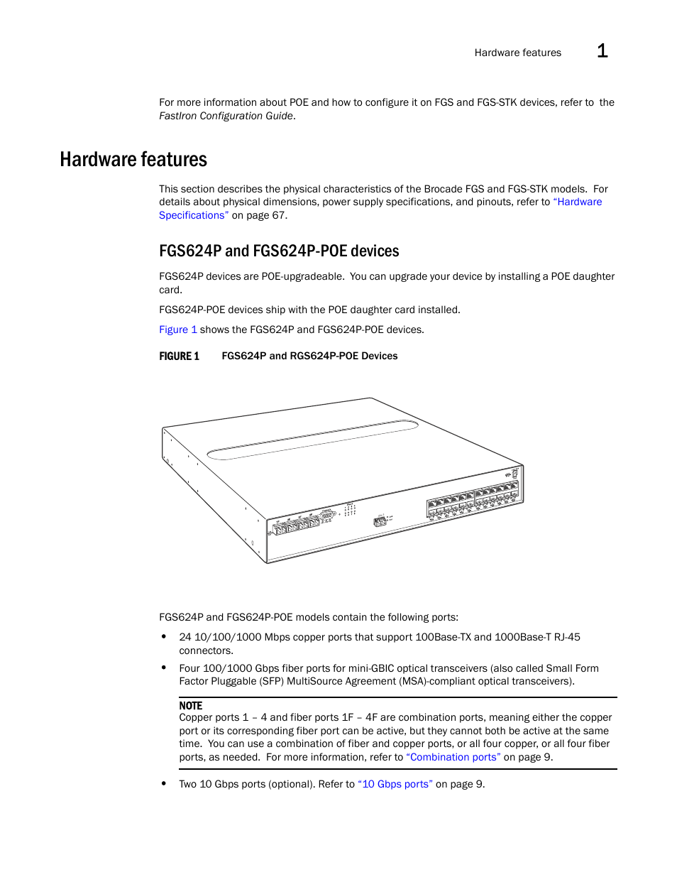 Hardware features, Fgs624p and fgs624p-poe devices | Brocade FastIron GS and GS-STK Hardware Installation Guide User Manual | Page 13 / 126
