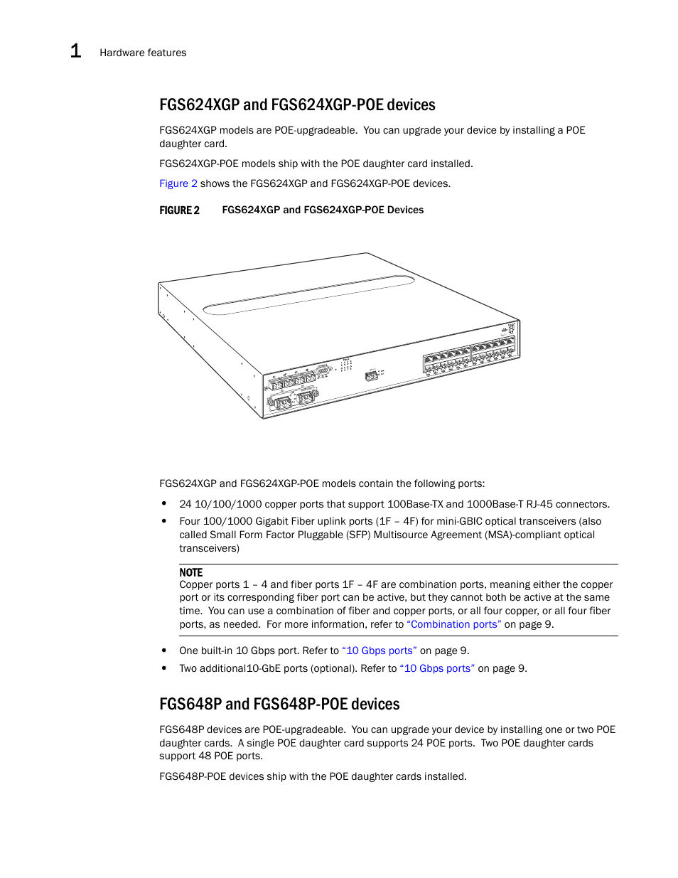 Fgs624xgp and fgs624xgp-poe devices, Fgs648p and fgs648p-poe devices, Draft: brocade confidential | Brocade FastIron GS and GS-STK Hardware Installation Guide User Manual | Page 14 / 126