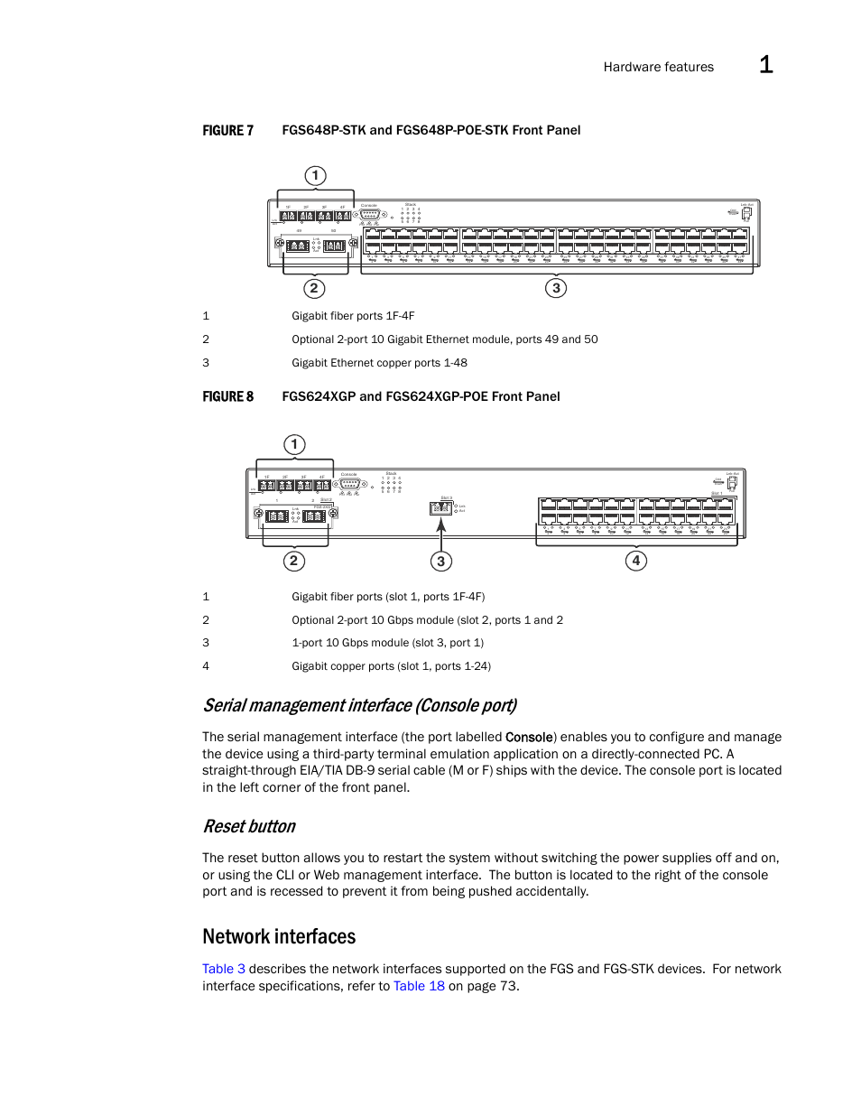 Network interfaces, Serial management interface (console port), Reset button | Draft: brocade confidential, Figure 7, Figure 8, Hardware features | Brocade FastIron GS and GS-STK Hardware Installation Guide User Manual | Page 17 / 126