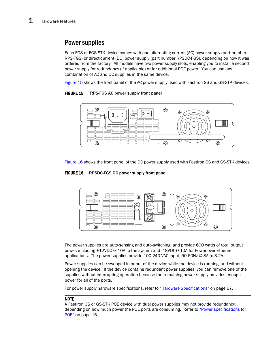 Power supplies | Brocade FastIron GS and GS-STK Hardware Installation Guide User Manual | Page 24 / 126