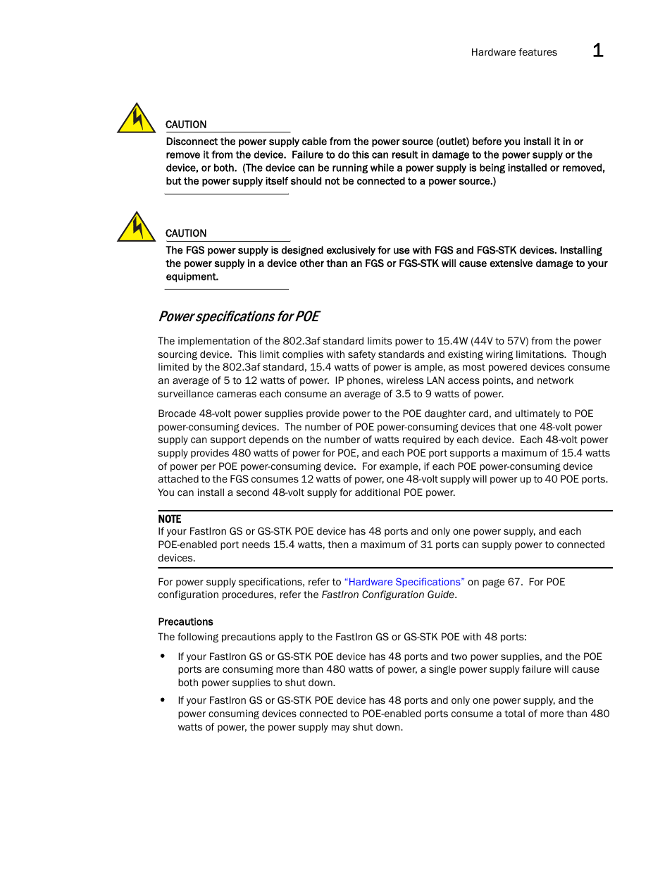 Power specifications for, Power specifications for poe | Brocade FastIron GS and GS-STK Hardware Installation Guide User Manual | Page 25 / 126