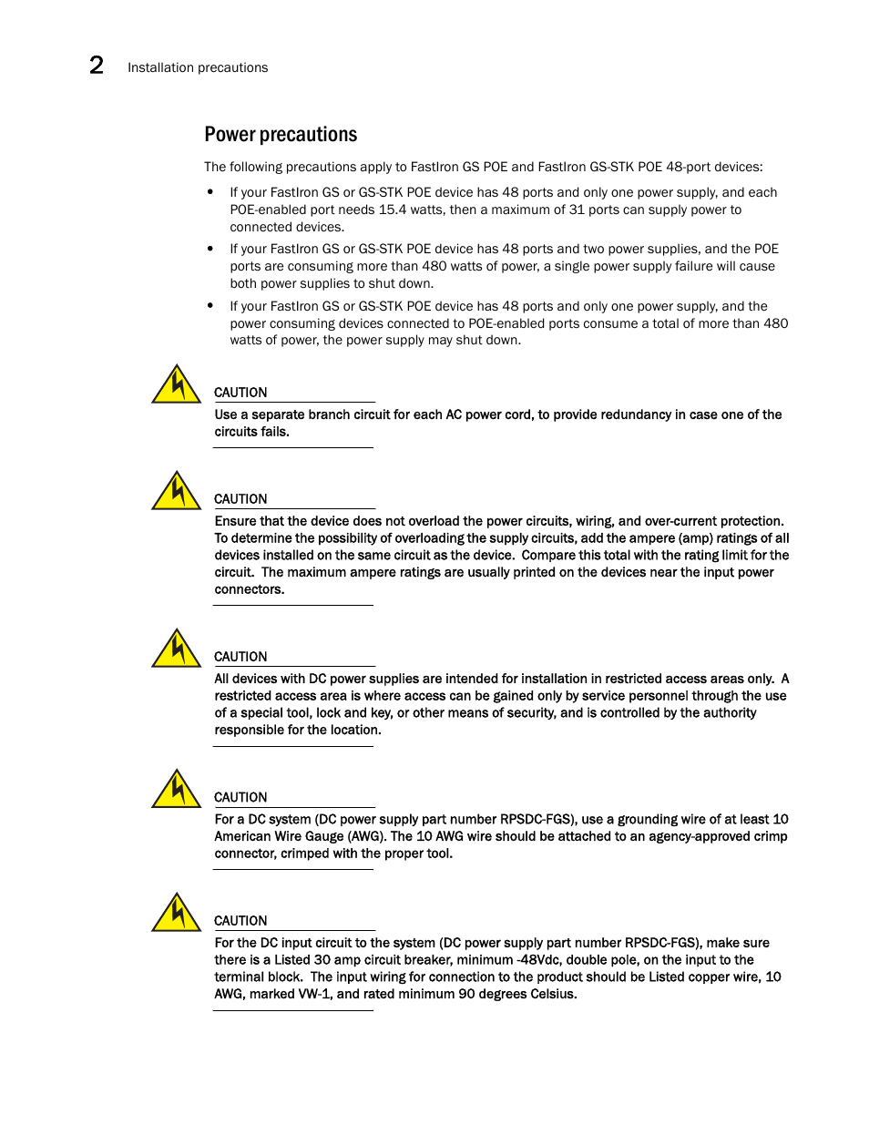Power precautions | Brocade FastIron GS and GS-STK Hardware Installation Guide User Manual | Page 30 / 126