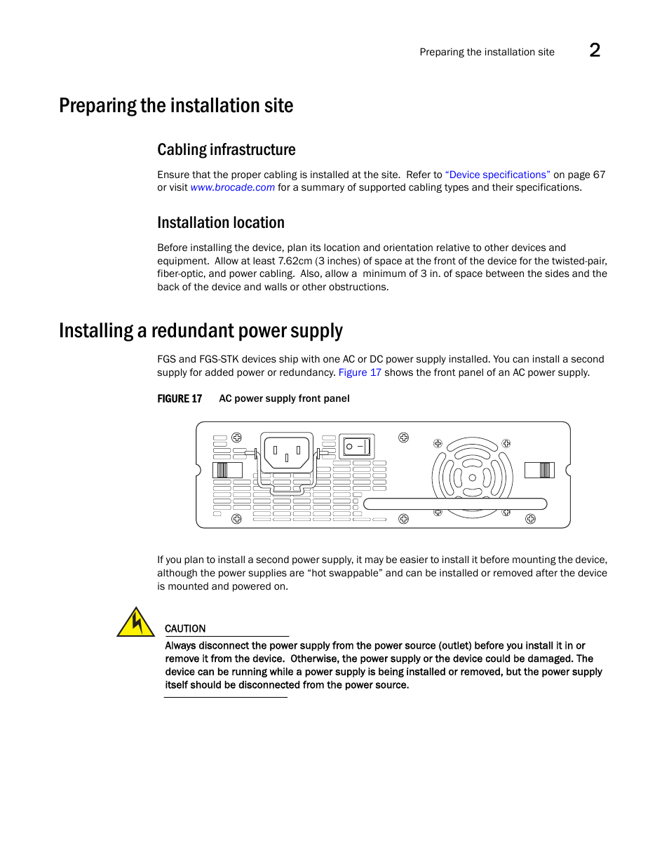 Preparing the installation site, Cabling infrastructure, Installation location | Installing a redundant power supply | Brocade FastIron GS and GS-STK Hardware Installation Guide User Manual | Page 33 / 126