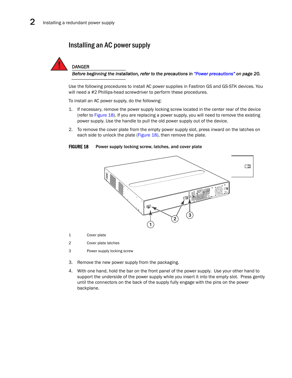 Installing an ac power supply | Brocade FastIron GS and GS-STK Hardware Installation Guide User Manual | Page 34 / 126