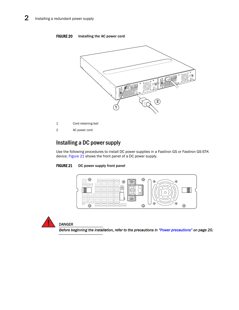 Installing a dc power supply | Brocade FastIron GS and GS-STK Hardware Installation Guide User Manual | Page 36 / 126