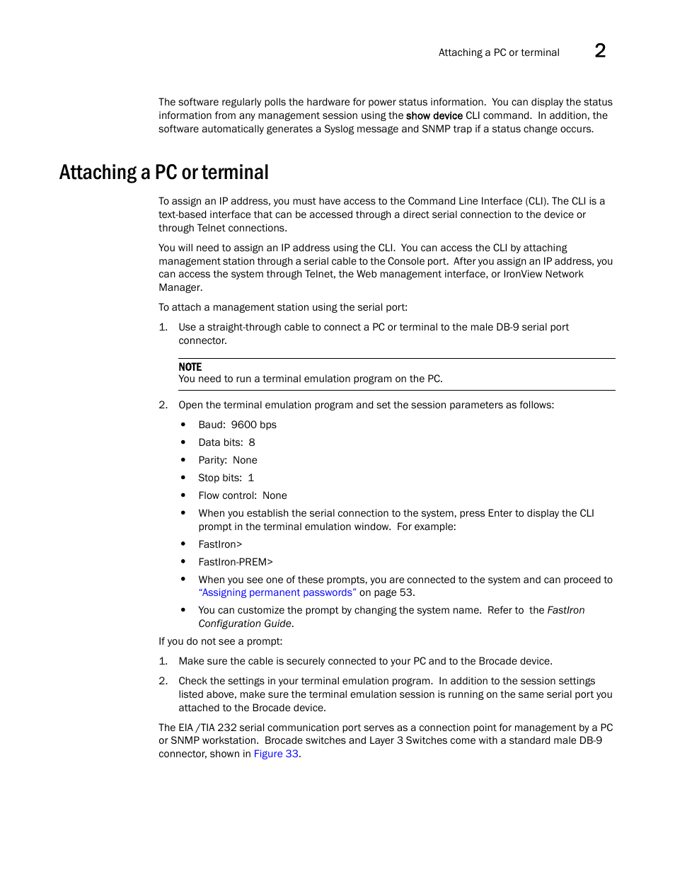 Attaching a pc or terminal | Brocade FastIron GS and GS-STK Hardware Installation Guide User Manual | Page 47 / 126