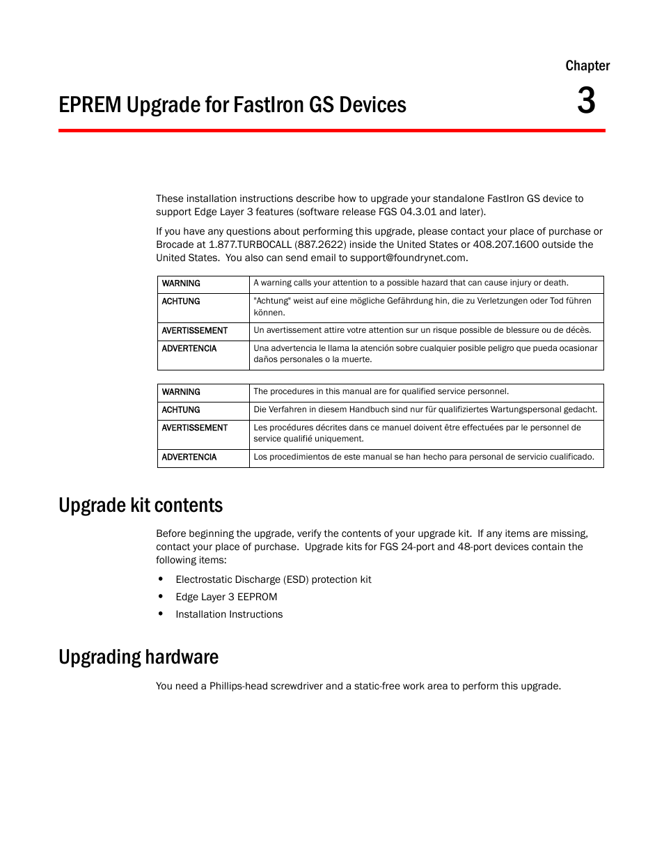 Eprem upgrade for fastiron gs devices, Upgrade kit contents, Upgrading hardware | Chapter 3, Chapter 3, “eprem upgrade for fastiron gs devices, Chapter | Brocade FastIron GS and GS-STK Hardware Installation Guide User Manual | Page 49 / 126