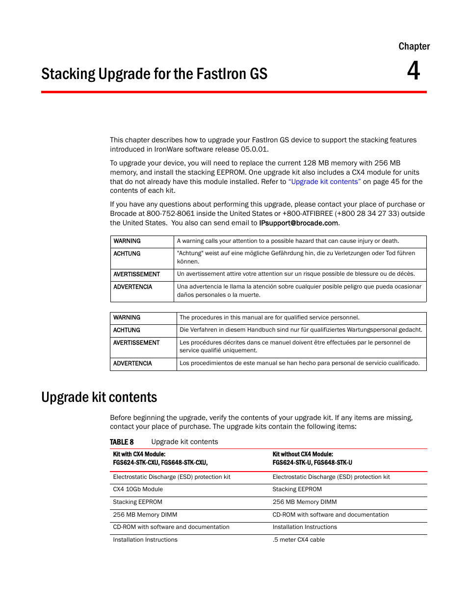 Stacking upgrade for the fastiron gs, Upgrade kit contents, Chapter 4 | Stacking, Upgrade for the fastiron gs, Chapter | Brocade FastIron GS and GS-STK Hardware Installation Guide User Manual | Page 55 / 126