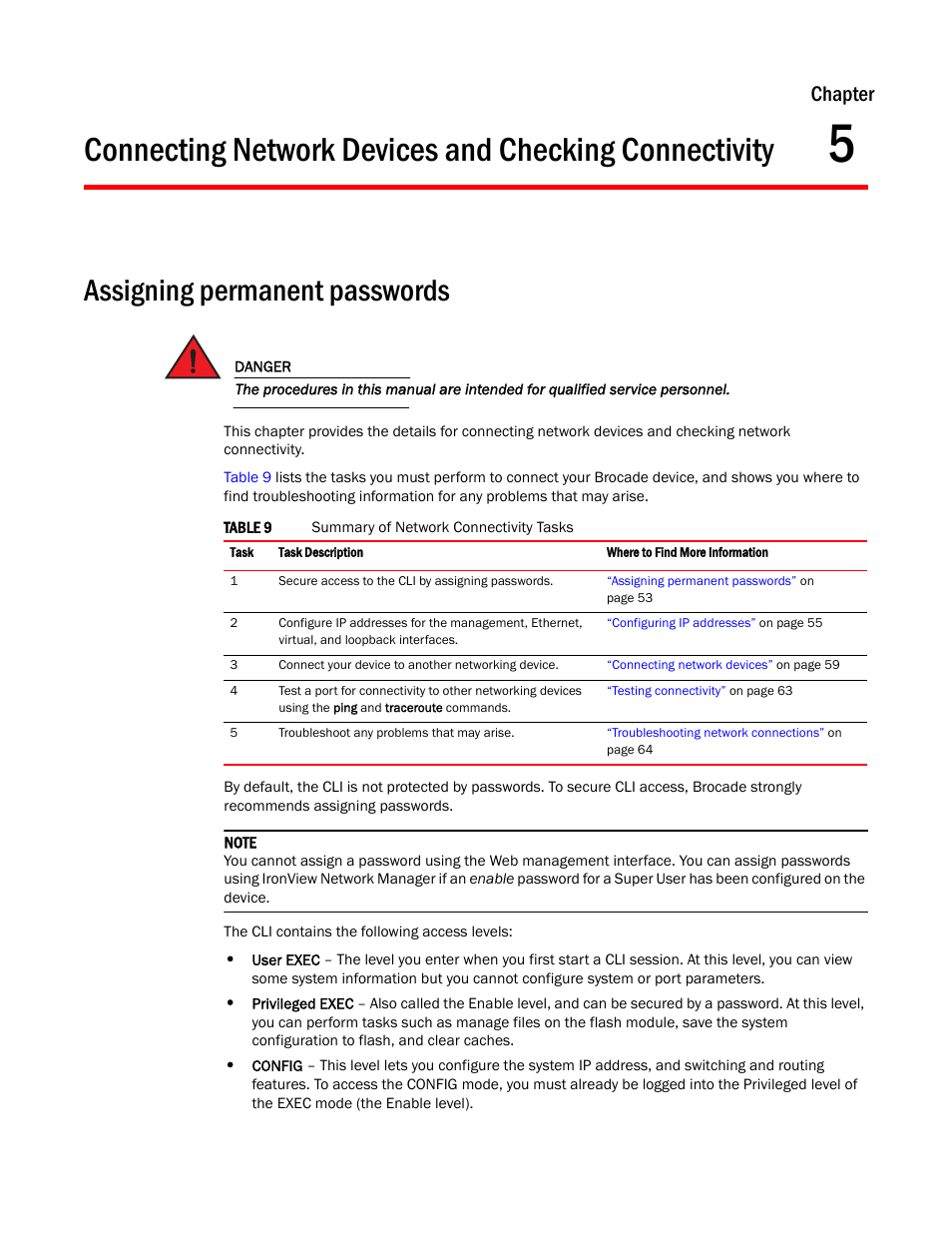 Assigning permanent passwords, Chapter 5, Chapter | Brocade FastIron GS and GS-STK Hardware Installation Guide User Manual | Page 63 / 126