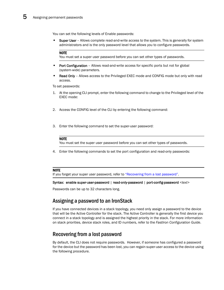Assigning a password to an ironstack, Recovering from a lost password | Brocade FastIron GS and GS-STK Hardware Installation Guide User Manual | Page 64 / 126